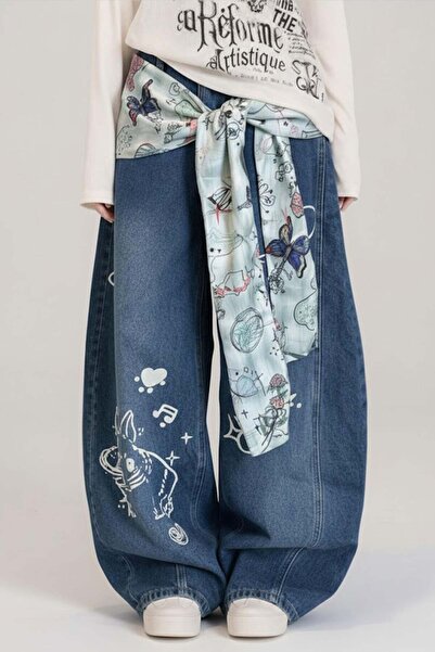 Karakedi Navy Blue Vintage Scarf Rabbit Print Baggy Pants