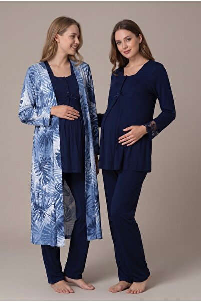 Pelin Women's Navy Blue Patterned Long Sleeve Lace Maternity Pajama Set with ...