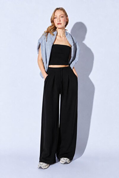 TENA Women's Black Pleated Front Tie-Up Wide Leg Sweatpants