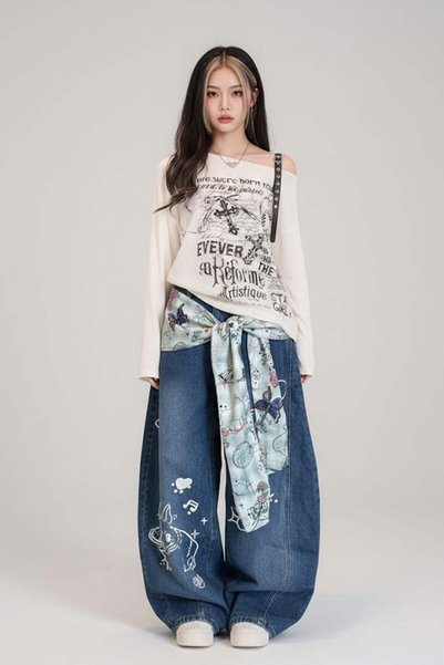 Karakedi Lacivert Vintage Fularlı Tavşan Baskılı Baggy Pantolon