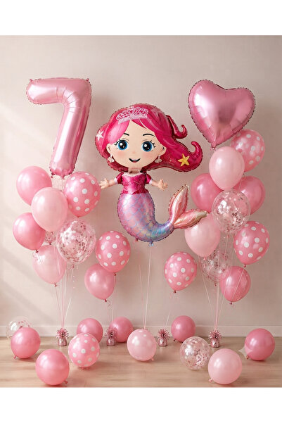 ALYA PARTİ Deniz Kızı 7 Yaş Doğum Günü Balon Seti | Pembe Rakam Folyo, Kalp F...