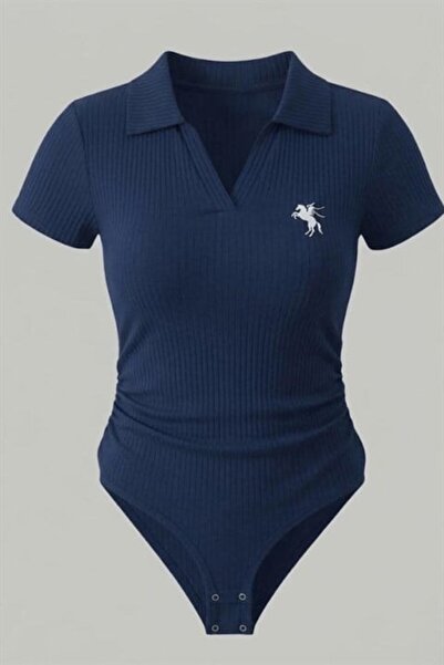 Karakedi Navy Blue Polo Ribbed Y2K Snap Button Bodysuit