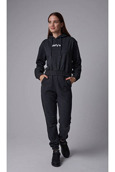 defys Women's Hooded Printed Crop 2 Threaded Top and Bottom Tracksuit Set