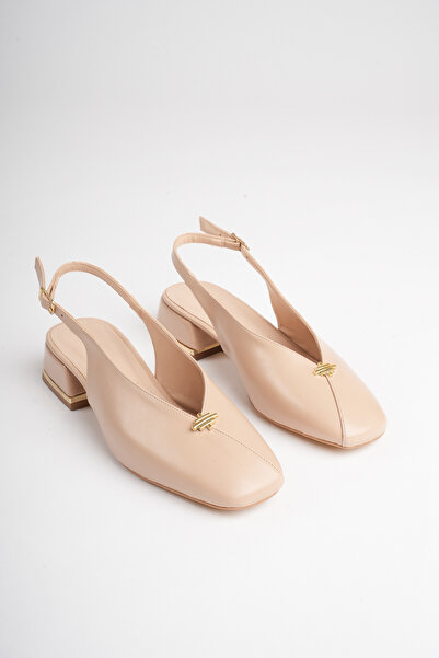 LORVENA Women's Beige 4 cm Thick Short Heeled Open Back Shoes with Gold Detail