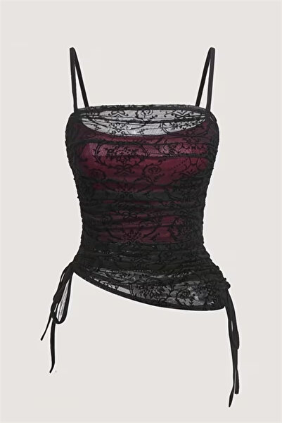 Karakedi Burgundy Transparent Lace Patterned Gothic Y2K Strappy Crop