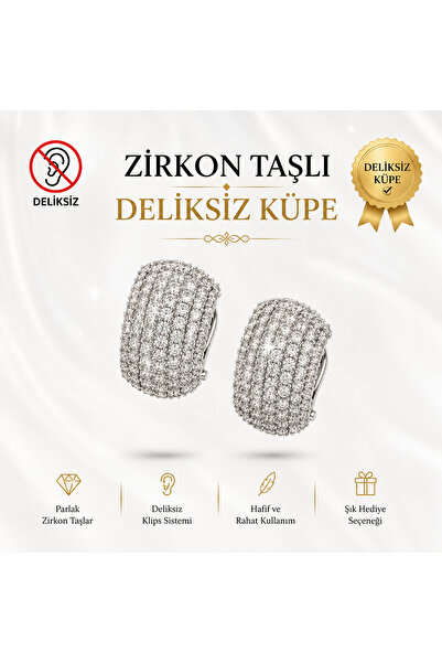 1PARÇAMAVİ Deliksiz kıstırmalı klipsli kadın küpesi - bombeli zirkon taşlı küpe