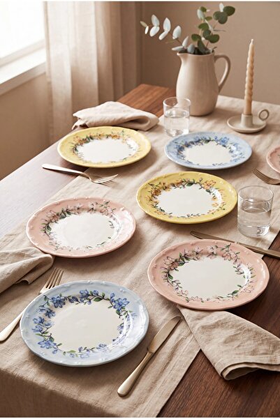 TULU PORSELEN Bahar Dalı 6 Kişilik Çiçekli Porselen Pasta Tabak Seti - 19 cm