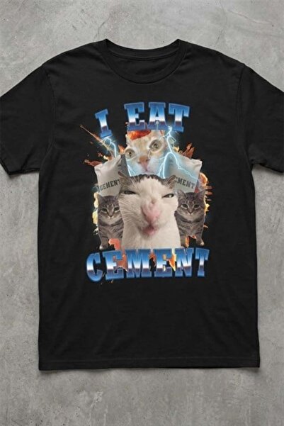 Karakedi تي شيرت أسود للجنسين بطبعة "I Eat Cement" Meme Cats