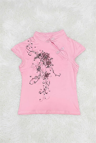 Karakedi Roz cu guler mandarin, cu imprimeu floral, Qipao Vintage Y2K, cu mân...