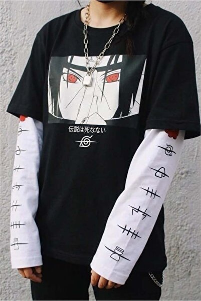 Karakedi Anime Naruto Uchiha Symbol Detail White Unisex Sleeve T-Shirt