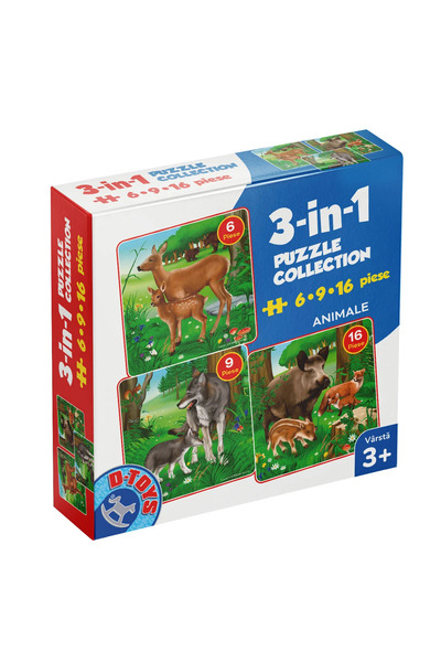 D-Toys Set de 3 puzzle-uri cu 6, 9, 16 piese - Animale sălbatice - 3