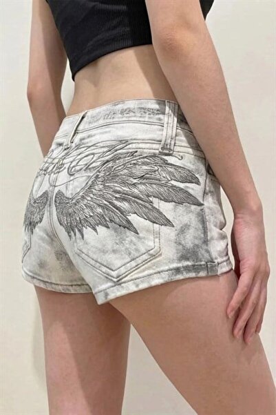 Karakedi White Washed Wing Embroidered Y2K Denim Shorts