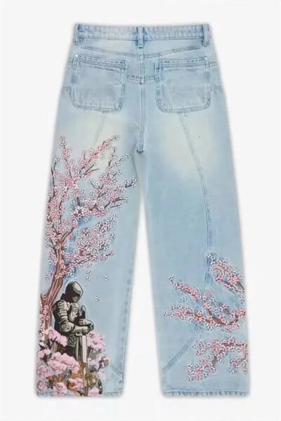 Karakedi Mavi Sakura Şövalye Nakışlı Y2K Baggy Pantolon