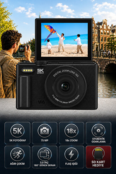 SEYUTECH 5K Dijital Video Kamera 75 MP 18X Zoom Flaşlı 3” Flip Ekranlı SD Kar...