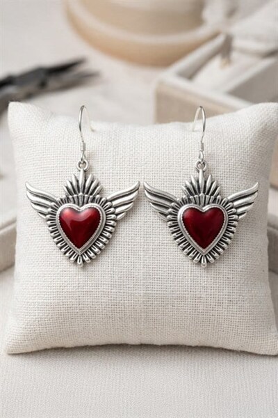 Karakedi Silver Winged Crowned Gothic Red Heart Earrings