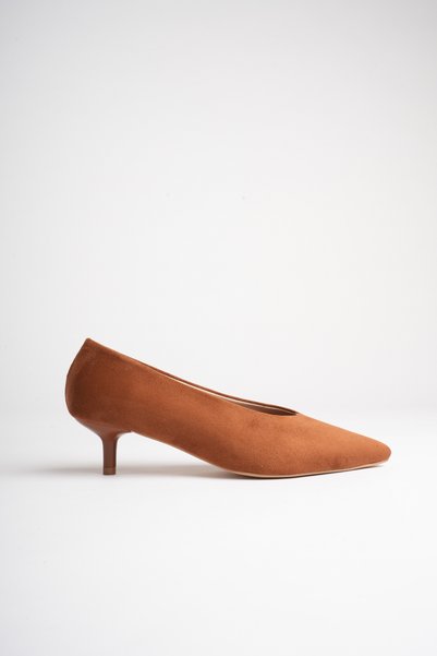 LORVENA Women's Tan Suede Pointed Toe 4 cm Short Thin Heeled Stiletto Shoes