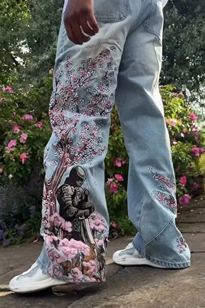 Karakedi Blue Sakura Knight Embroidered Y2K Baggy Pants