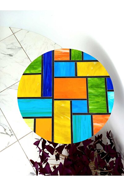 Anatolia El Yapımı Renkli Cam Mozaik Yuvarlak Yan Sehpa - Piet Mondrian Stili...