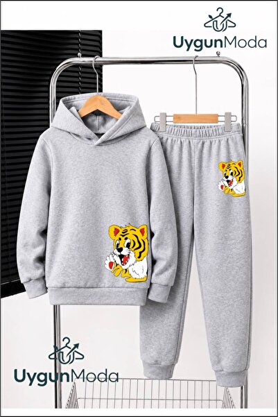 UygunModa Yandan Lion Printed Hooded Thick Cotton Inside Lined Sweatpants wit...