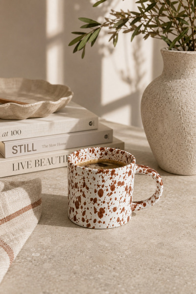 Beige & Stone Kahverengi Benekli Seramik Kupa Kahve Çay Süt ve Bitki Çayı Kup...