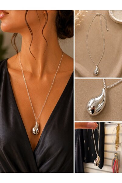 MARE BUTİK Silver Fluid Drop Long Necklace