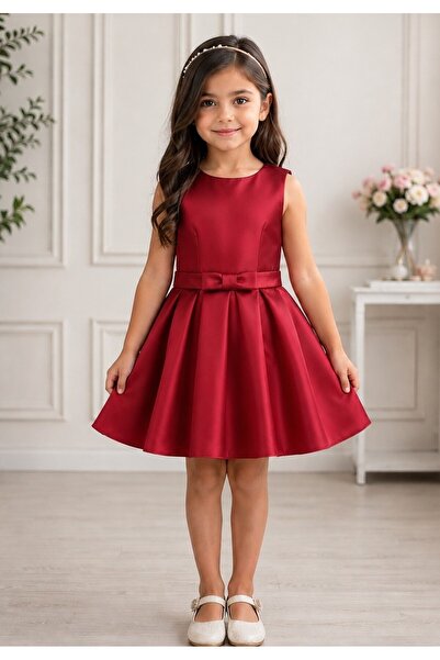 miço kids Girl's Zero-Sleeve Evening Dress with Pleated Detail and Flared Ski...