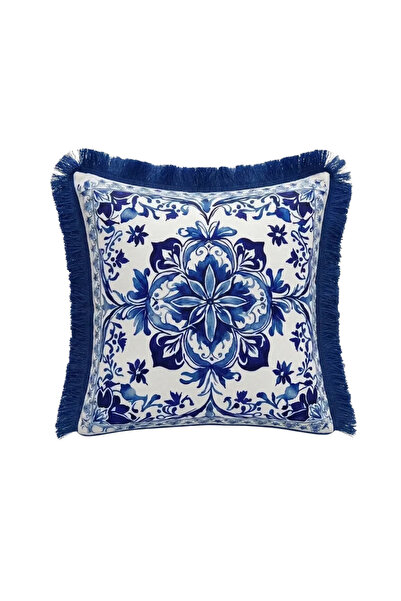 white rabbit home Blue Mediterranean Fringed Throw Pillow