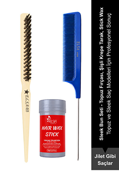 ELSA Sleek Bun Topuz Set - Bun Brush, Skewered Crepe Comb, and Hair Wax Stick...
