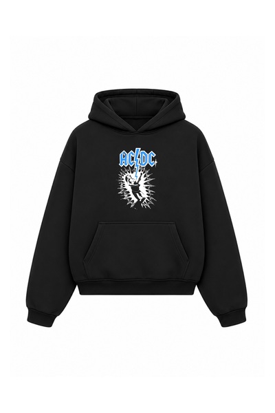 Grafftee Clothing Rock Band Ac/Dc Printed Oversize Unisex Hooded Sweatshirt -...