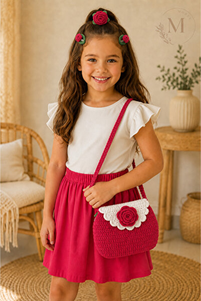 Morey Red Rose Design Hand Knitted Children's Bag and Hair Accessory Set