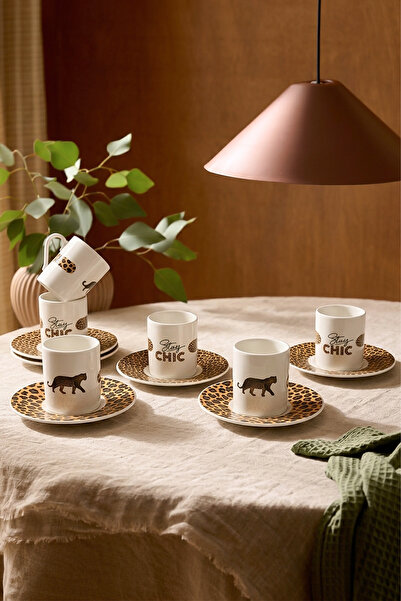 Kitchen Life 12 Parça 6 Kişilik Porselen Leopar Kahve Fincan Takımı 100 ml