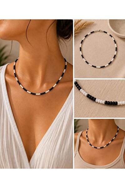 MARE BUTİK Black and White Beaded Minimal Necklace