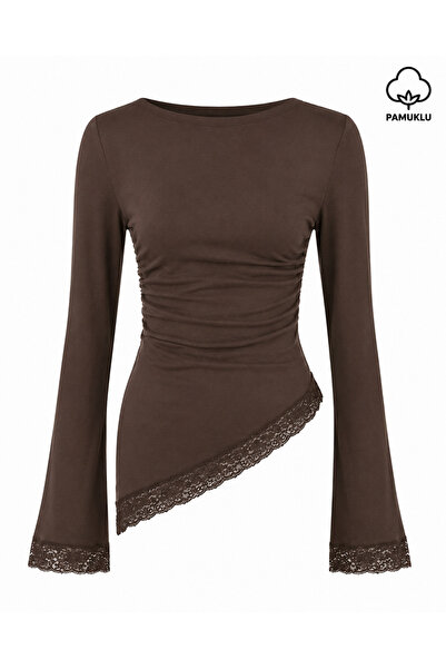 peri tower Women's Cotton Boat Neck Side Gathered Asymmetrical Cut Lace Detai...