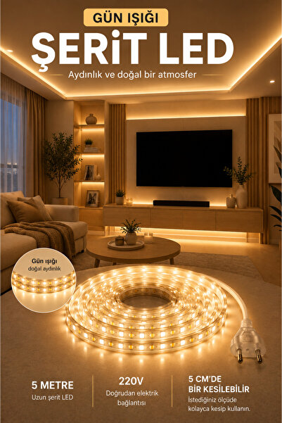 Edison 5 Metre Gün Işığı Şerit LED 220V 5 cm Kesilebilir Dekoratif Aydınlatma...