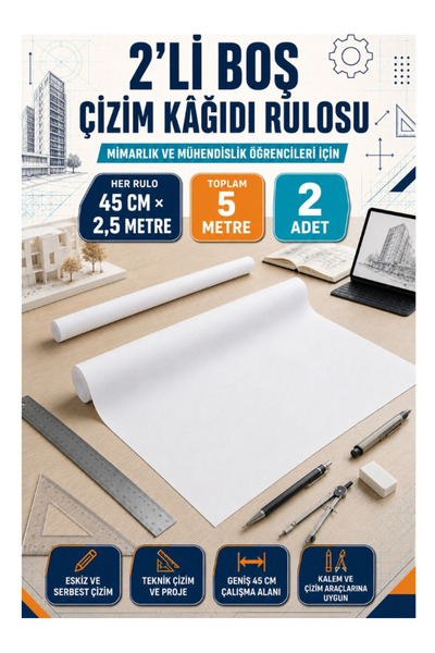 Haydi Dekor 2’li Boş Çizim Kağıdı Rulosu 45 cm × 2,5 Metre – Toplam 5 Metre M...