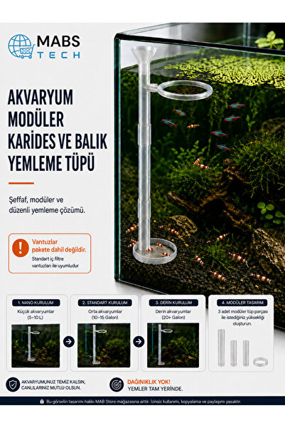 Mabs Tech Akvaryum İçi Modüler Karides ve Balık Yemleme Tüpü - Şeffaf 3D PLA Baskı (Vantuz Dahil Değildir)