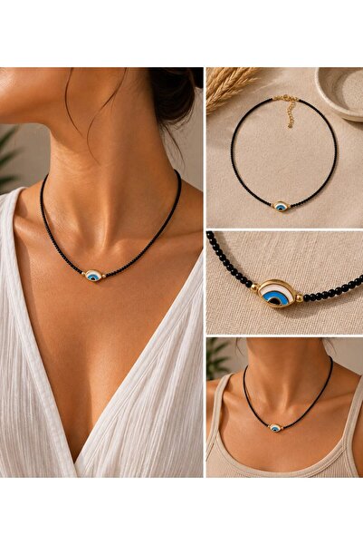 MARE BUTİK Black Beaded Eye Necklace with Gold Detail