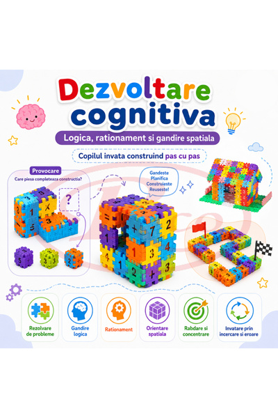 RCO Set de constructie STEM 480 piese – Fun Blocks Educational, piese patrate cu litere, numere, semne matematice, multicolor