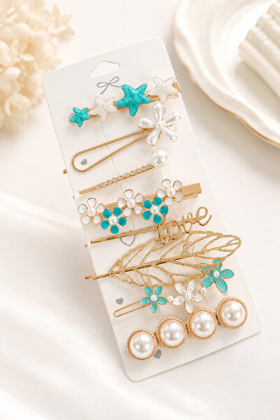 THE Steel Women's Gold Detailed Multi Hairpin Set with Pearl Flower and Star ...