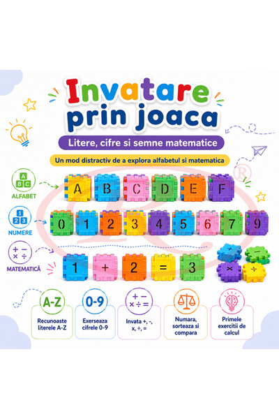 RCO Set de constructie STEM 480 piese – Fun Blocks Educational, piese patrate cu litere, numere, semne matematice, multicolor