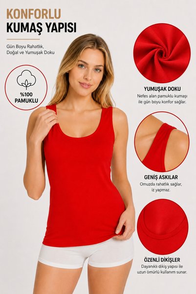 Alıç Women's Wide Strap Undershirt 1 Piece (Tutku Authorized Seller) Cotton Rib Fabric Soft Daily Underwear - Red