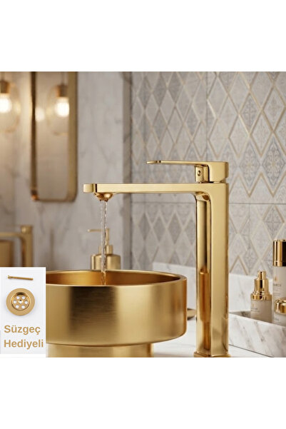 KAVİTİCARET Kare Gold Lüks Seri Yüksek Gövdeli Çanak Lavabo Bataryası - Moder...