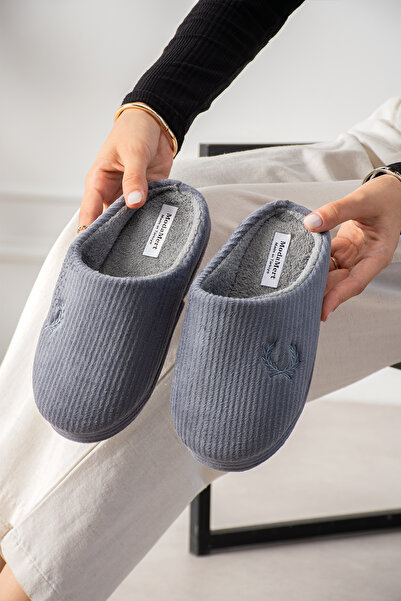 ModaMert Gray Corduroy Women's House Slippers, Noiseless Comfortable Wool Sli...