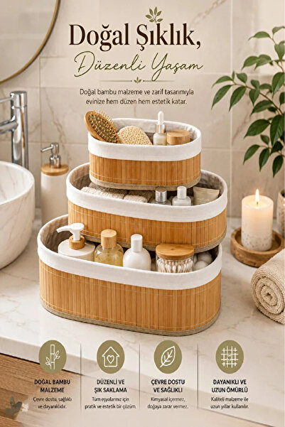 TUMU LIFE 3’lü Oval Pinterest Stil Bambu Sepet | Çok Amaçlı Kullanım | Bambu ...
