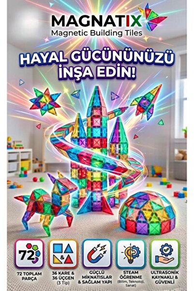 Tıfıl Toys 72 Parça Manyetik Yapı Blokları Seti–Mıknatıslı STEM Eğitici 3D Oy...