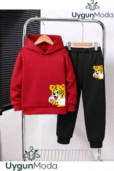 UygunModa YANDAN LION Детски комплект анцуг с щампа на лъв, с качулка, от плъ...