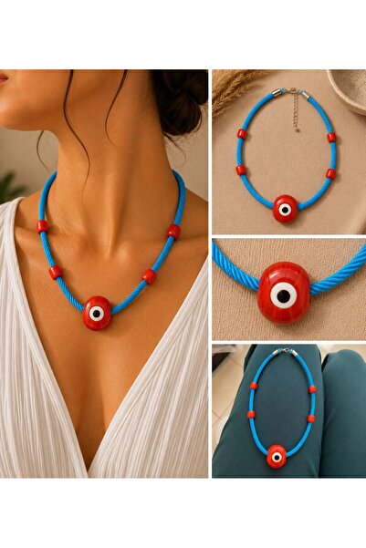 MARE BUTİK Blue Rope Necklace with Red Evil Eye Bead Detail
