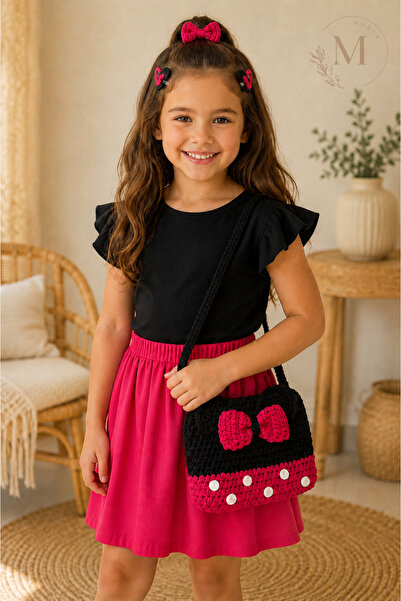 Morey Black Fuchsia Bow Hand Knitted Children's Bag and Hair Accessory Set