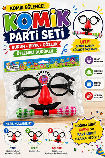 OYUNKAFASI Komik Gözlük Burun Bıyık ve Üflemeli Düdük Seti – Eğlenceli Parti ...