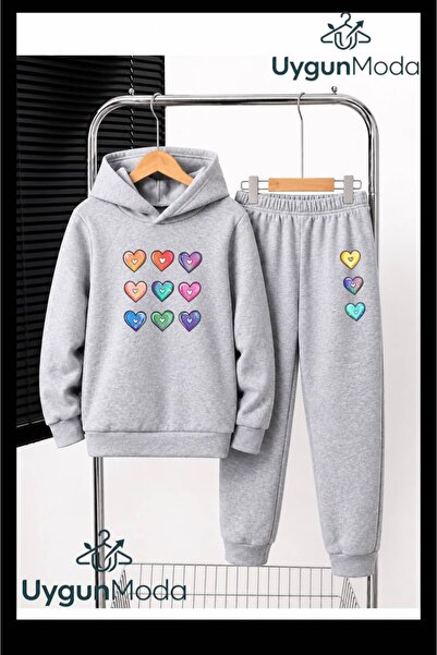 UygunModa 9Small Heart Printed Hooded Thick Cotton Inside Tracksuit with Pock...